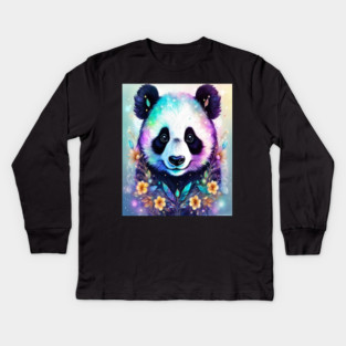 Fantasy, Watercolor, Panda Bear With Flowers and Butterflies Kids Long Sleeve T-Shirt