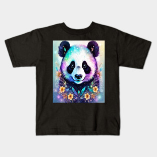 Fantasy, Watercolor, Panda Bear With Flowers and Butterflies Kids T-Shirt