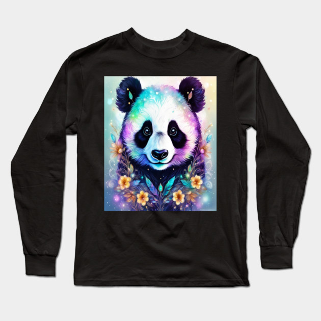 Fantasy, Watercolor, Panda Bear With Flowers and Butterflies Long Sleeve T-Shirt by BirdsnStuff