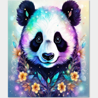 Fantasy, Watercolor, Panda Bear With Flowers and Butterflies Posters and Art