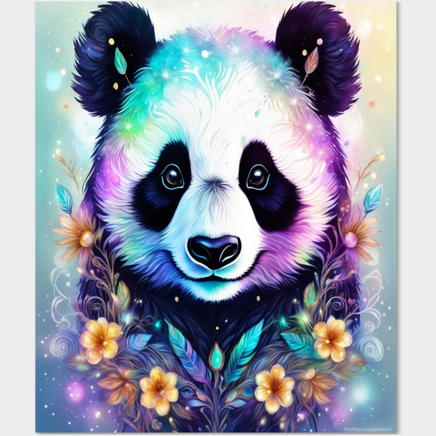 Fantasy, Watercolor, Panda Bear With Flowers and Butterflies Wall Art by BirdsnStuff