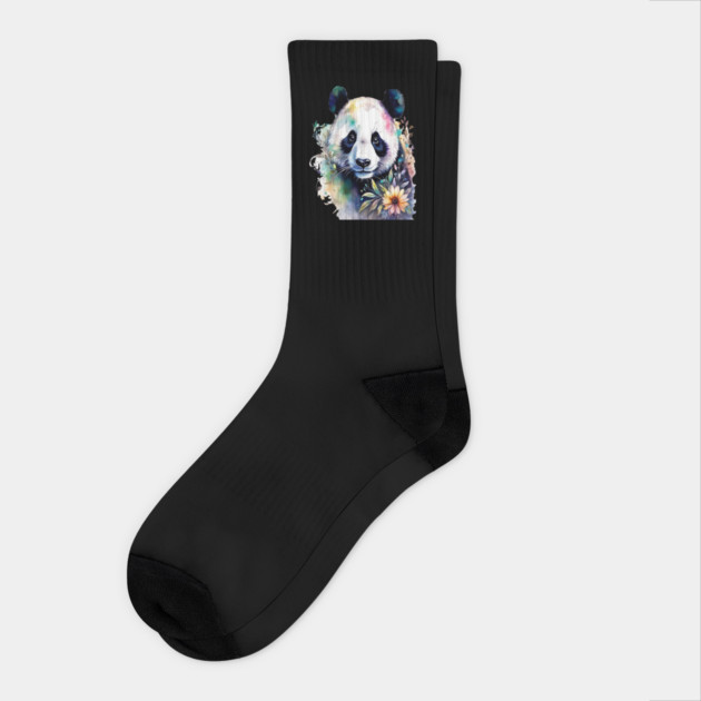 Fantasy, Watercolor, Panda Bear With Flowers and Butterflies Socks by BirdsnStuff