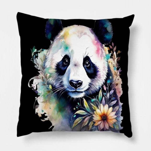 Fantasy, Watercolor, Panda Bear With Flowers and Butterflies Pillow by BirdsnStuff