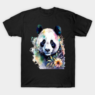 Fantasy, Watercolor, Panda Bear With Flowers and Butterflies T-Shirt