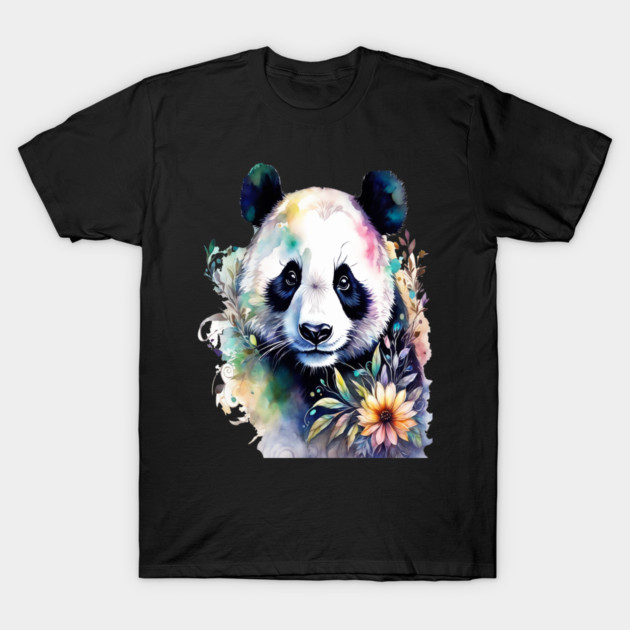 Fantasy, Watercolor, Panda Bear With Flowers and Butterflies T-Shirt by BirdsnStuff