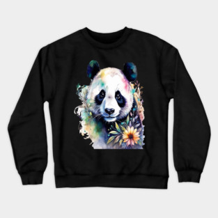Fantasy, Watercolor, Panda Bear With Flowers and Butterflies Crewneck Sweatshirt
