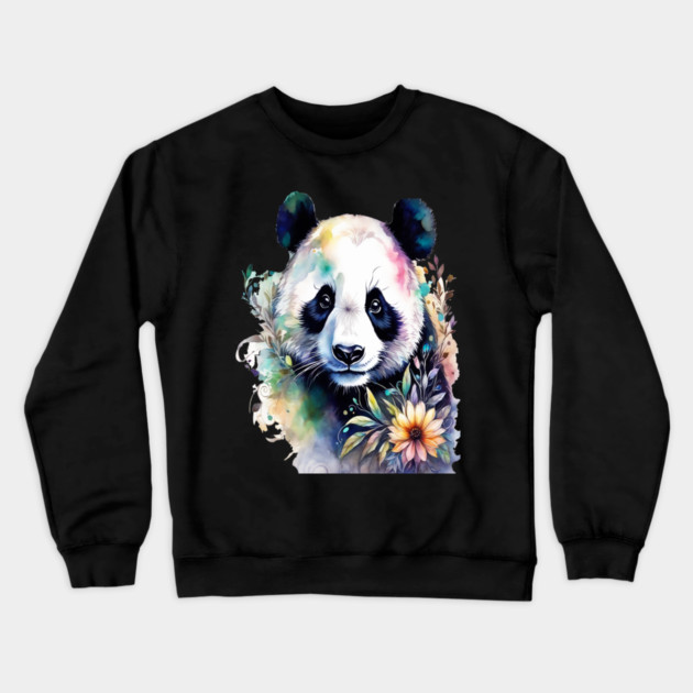 Fantasy, Watercolor, Panda Bear With Flowers and Butterflies Crewneck Sweatshirt by BirdsnStuff