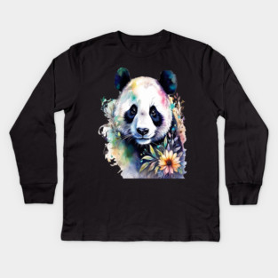 Fantasy, Watercolor, Panda Bear With Flowers and Butterflies Kids Long Sleeve T-Shirt