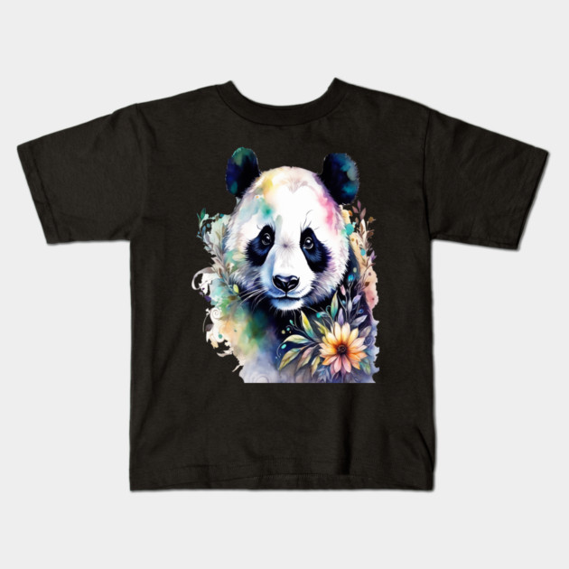Fantasy, Watercolor, Panda Bear With Flowers and Butterflies Kids T-Shirt by BirdsnStuff