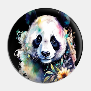 Fantasy, Watercolor, Panda Bear With Flowers and Butterflies Pin