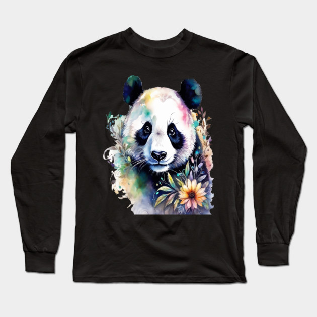 Fantasy, Watercolor, Panda Bear With Flowers and Butterflies Long Sleeve T-Shirt by BirdsnStuff