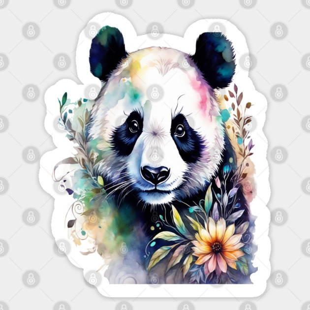 Fantasy, Watercolor, Panda Bear With Flowers and Butterflies Sticker by BirdsnStuff