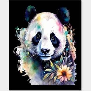 Fantasy, Watercolor, Panda Bear With Flowers and Butterflies Posters and Art