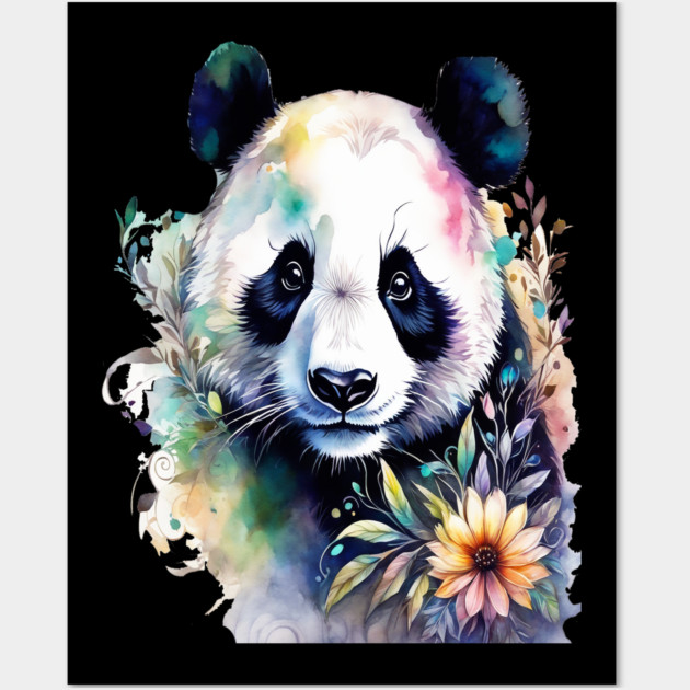 Fantasy, Watercolor, Panda Bear With Flowers and Butterflies Wall Art by BirdsnStuff