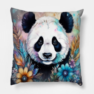 Fantasy, Watercolor, Panda Bear With Flowers and Butterflies Pillow