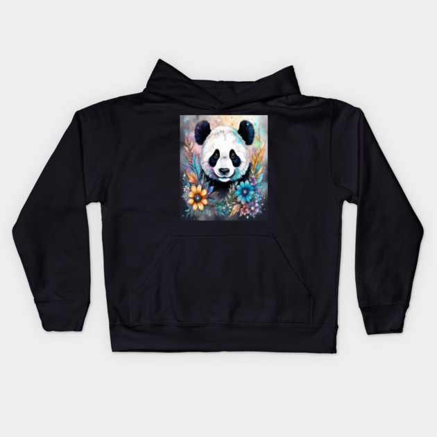 Fantasy, Watercolor, Panda Bear With Flowers and Butterflies Kids Hoodie by BirdsnStuff