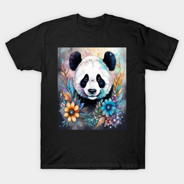 Fantasy, Watercolor, Panda Bear With Flowers and Butterflies T-Shirt by BirdsnStuff