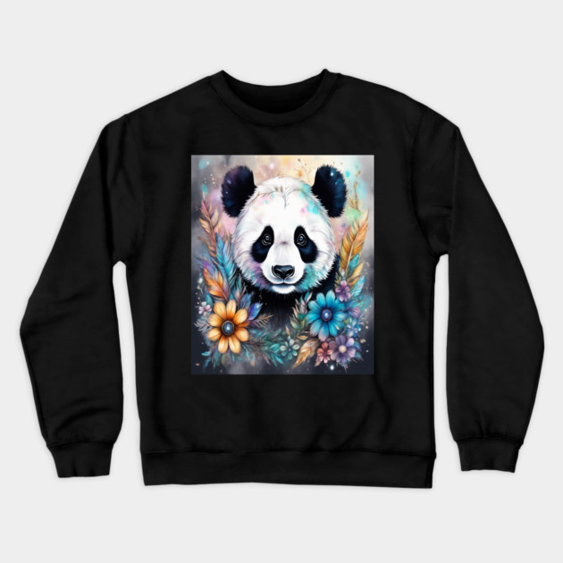 Fantasy, Watercolor, Panda Bear With Flowers and Butterflies Crewneck Sweatshirt by BirdsnStuff