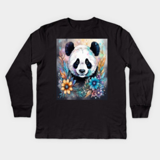 Fantasy, Watercolor, Panda Bear With Flowers and Butterflies Kids Long Sleeve T-Shirt