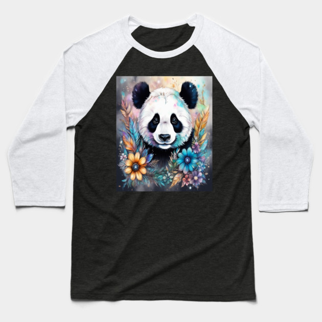 Fantasy, Watercolor, Panda Bear With Flowers and Butterflies Baseball T-Shirt by BirdsnStuff
