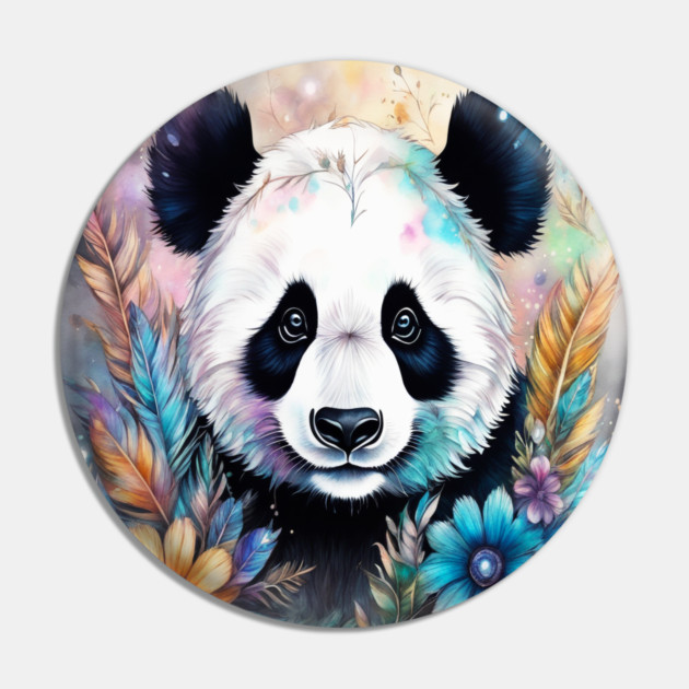 Fantasy, Watercolor, Panda Bear With Flowers and Butterflies Pin by BirdsnStuff