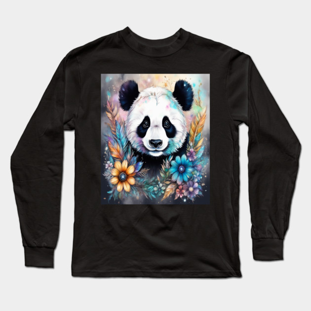 Fantasy, Watercolor, Panda Bear With Flowers and Butterflies Long Sleeve T-Shirt by BirdsnStuff