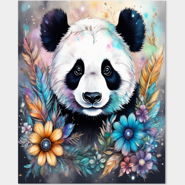 Fantasy, Watercolor, Panda Bear With Flowers and Butterflies Wall Art by BirdsnStuff
