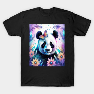 Fantasy, Watercolor, Panda Bear With Flowers and Butterflies T-Shirt