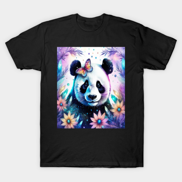 Fantasy, Watercolor, Panda Bear With Flowers and Butterflies T-Shirt by BirdsnStuff