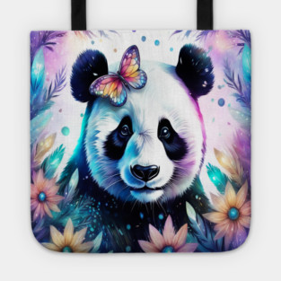 Fantasy, Watercolor, Panda Bear With Flowers and Butterflies Tote