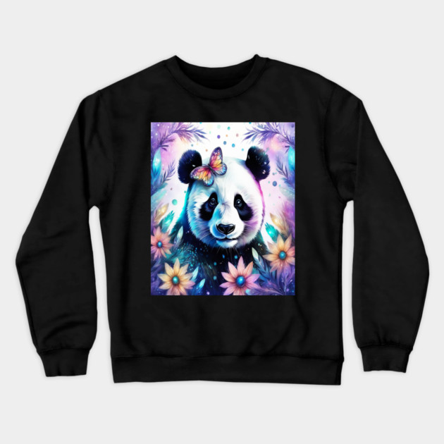 Fantasy, Watercolor, Panda Bear With Flowers and Butterflies Crewneck Sweatshirt by BirdsnStuff