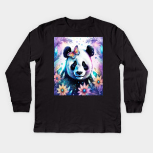 Fantasy, Watercolor, Panda Bear With Flowers and Butterflies Kids Long Sleeve T-Shirt