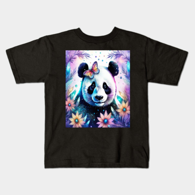 Fantasy, Watercolor, Panda Bear With Flowers and Butterflies Kids T-Shirt by BirdsnStuff