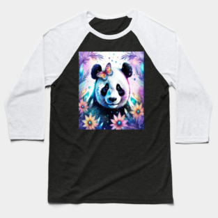 Fantasy, Watercolor, Panda Bear With Flowers and Butterflies Baseball T-Shirt