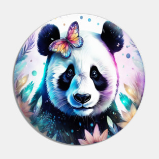 Fantasy, Watercolor, Panda Bear With Flowers and Butterflies Pin
