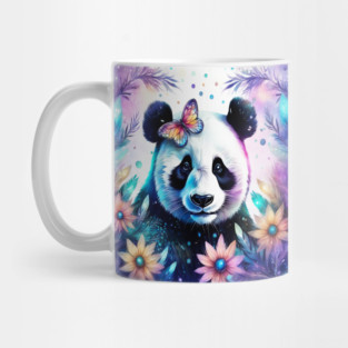 Fantasy, Watercolor, Panda Bear With Flowers and Butterflies Mug
