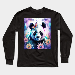Fantasy, Watercolor, Panda Bear With Flowers and Butterflies Long Sleeve T-Shirt