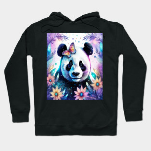 Fantasy, Watercolor, Panda Bear With Flowers and Butterflies Hoodie
