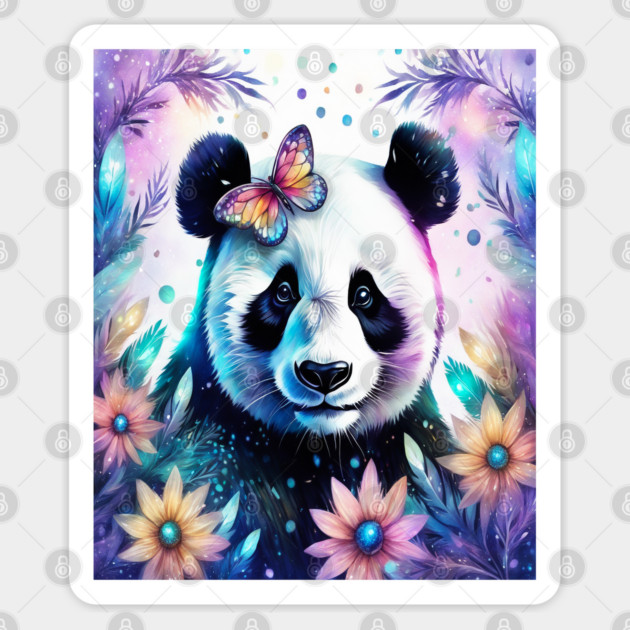 Fantasy, Watercolor, Panda Bear With Flowers and Butterflies Sticker by BirdsnStuff