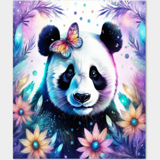 Fantasy, Watercolor, Panda Bear With Flowers and Butterflies Posters and Art