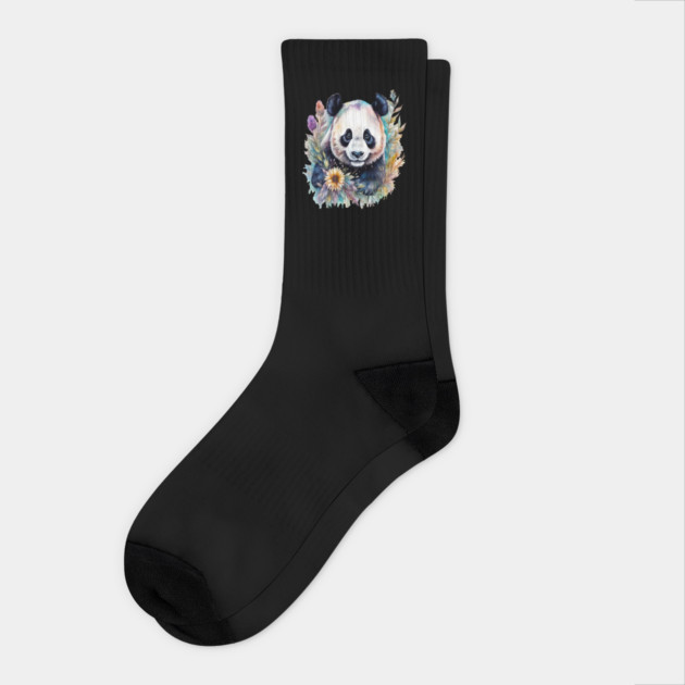 Fantasy, Watercolor, Panda Bear With Flowers and Butterflies Socks by BirdsnStuff