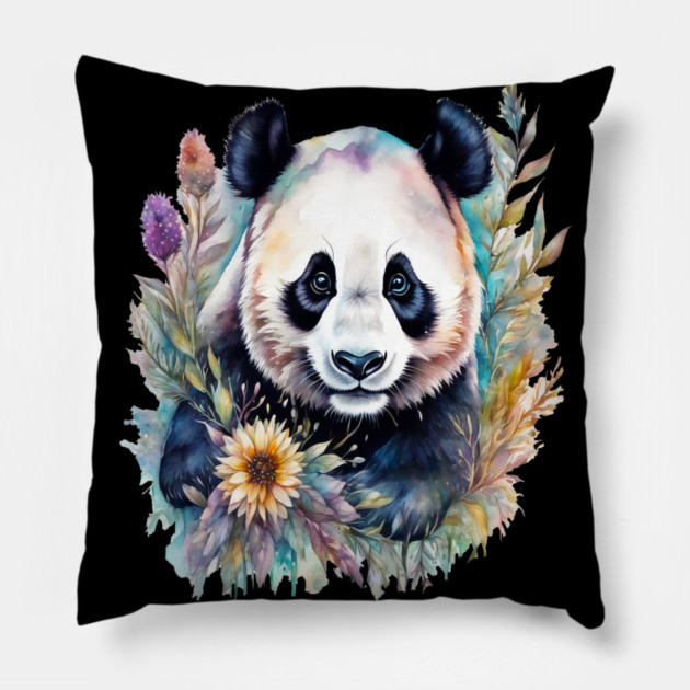 Fantasy, Watercolor, Panda Bear With Flowers and Butterflies Pillow by BirdsnStuff