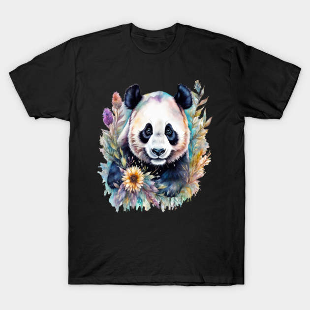 Fantasy, Watercolor, Panda Bear With Flowers and Butterflies T-Shirt by BirdsnStuff