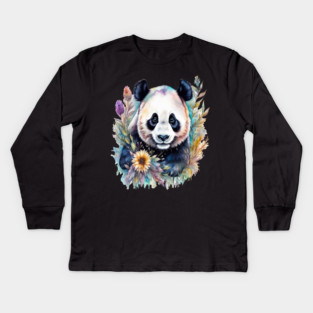 Fantasy, Watercolor, Panda Bear With Flowers and Butterflies Kids Long Sleeve T-Shirt