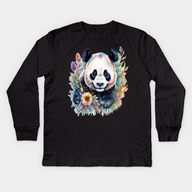 Fantasy, Watercolor, Panda Bear With Flowers and Butterflies Kids Long Sleeve T-Shirt by BirdsnStuff