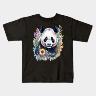 Fantasy, Watercolor, Panda Bear With Flowers and Butterflies Kids T-Shirt