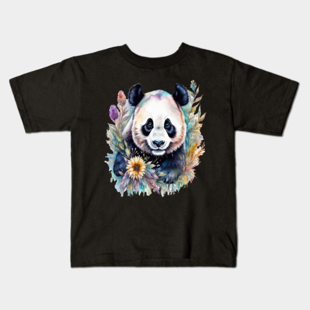 Fantasy, Watercolor, Panda Bear With Flowers and Butterflies Kids T-Shirt by BirdsnStuff
