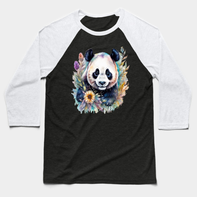 Fantasy, Watercolor, Panda Bear With Flowers and Butterflies Baseball T-Shirt by BirdsnStuff