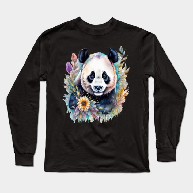 Fantasy, Watercolor, Panda Bear With Flowers and Butterflies Long Sleeve T-Shirt by BirdsnStuff