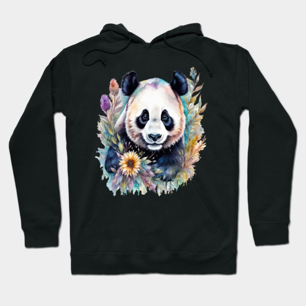 Fantasy, Watercolor, Panda Bear With Flowers and Butterflies Hoodie by BirdsnStuff